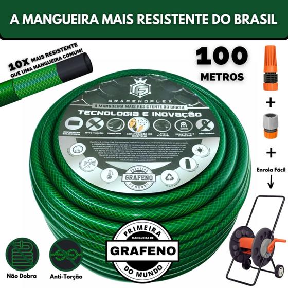 Imagem de Mangueira de Jardim Verde Ultra Resistente 100M. c/ Carrinho Enrolador - GrafenoFlex