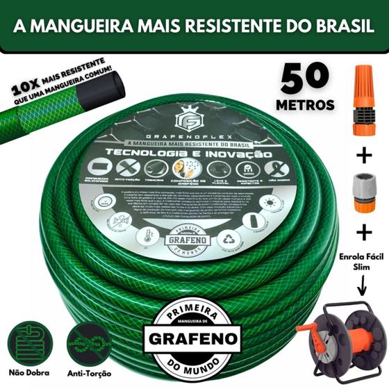 Imagem de Mangueira de Jardim Verde Ultra Resistente 50 Metros c/ Enrolador Fixo - GrafenoFlex