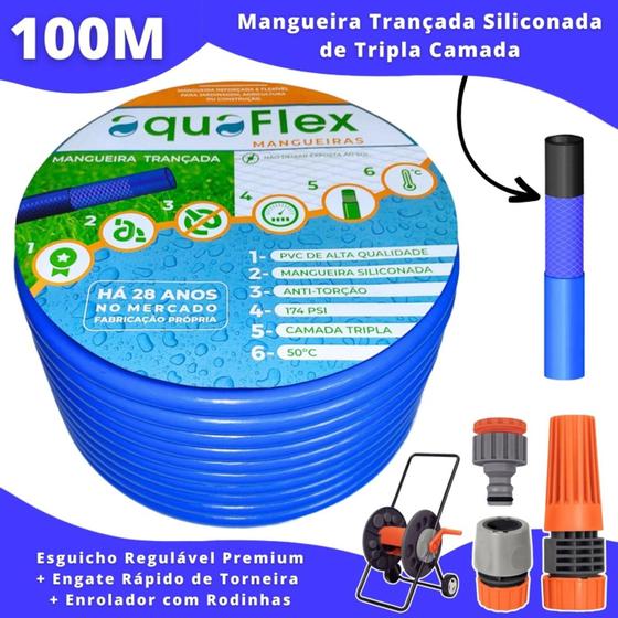 Imagem de Mangueira de Quintal AquaFlex Azul 100 M e Carrrinho