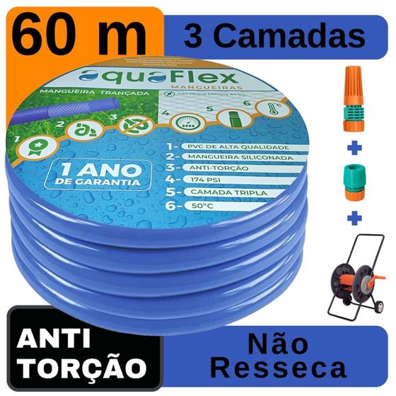 Imagem de Mangueira de Quintal AquaFlex Azul 60Mts + Carrrinho