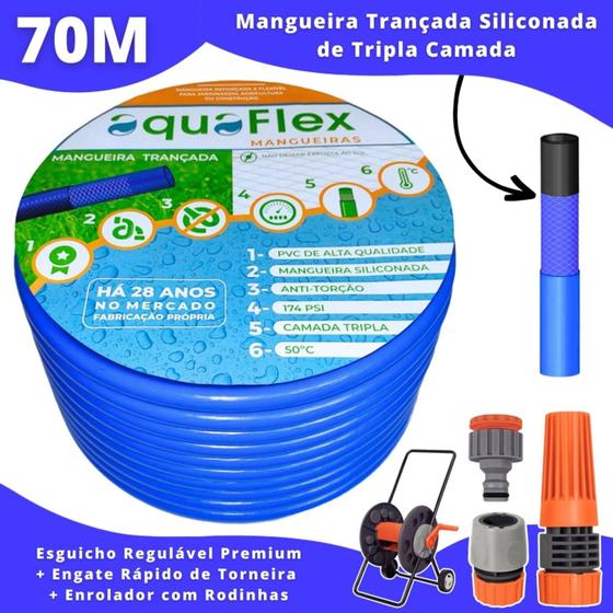 Imagem de Mangueira de Quintal AquaFlex Azul 70 Mt + Carrrinho