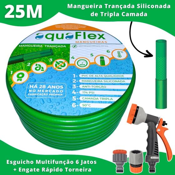 Imagem de Mangueira de Quintal Tripla Camada 25 Metros AquaFlex Verde + Esguicho Multifunção 6 Tipos de Jatos
