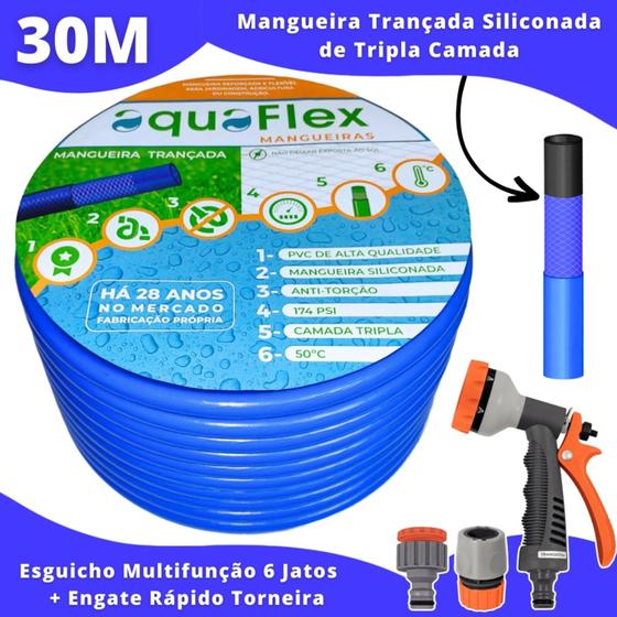 Imagem de Mangueira de Quintal Tripla Camada 30 Metro AquaFlex Azul + Esguicho Multifunção 6 Tipos de Jatos