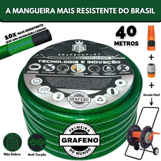 Imagem de Mangueira de Quintal Ultra Resistente 40 Metro com Carrinho Enrolador - GrafenoFlex Verde