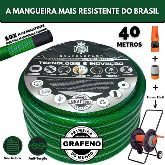 Imagem de Mangueira de Quintal Ultra Resistente c/ Carrinho Enrolador 40 Metro - GrafenoFlex Verde