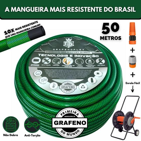 Imagem de Mangueira de Quintal Verde Ultra Resistente c/ Carrinho Enrolador 50Mt - GrafenoFlex