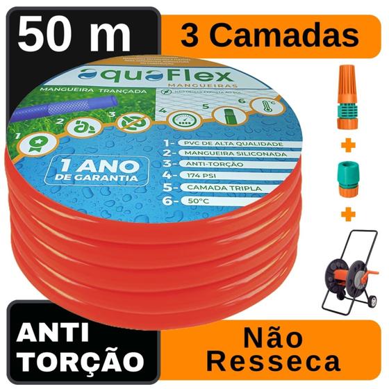 Imagem de Mangueira Doméstica AquaFlex Laranja 50 M e Carrrinho