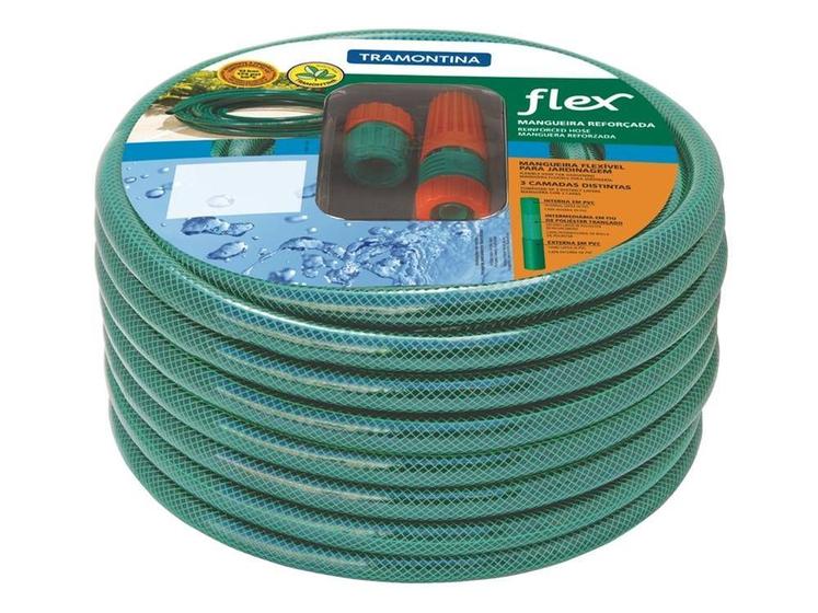 Imagem de Mangueira flex em pvc verde para jardim com 15 metros e com engates plasticos tramontina