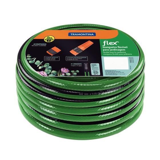 Mangueira Flex para Jardim Tramontina Verde com Faixa Preta em PVC 4 Camadas 15 m com Engate Rosqueado e Esguicho Menor preço em Mangueira Flex para Jardim Tramontina Verde com Faixa Preta em PVC 4 Camadas 15 m com Engate Rosqueado e Esguicho