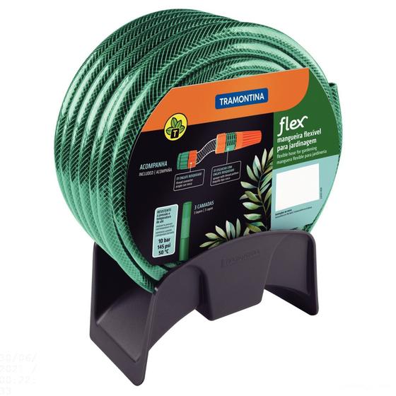 Imagem de Mangueira Flex Tramontina Verde em PVC 3 Camadas 20 m com Engate Rosqueado, Esguicho e Suporte Mural