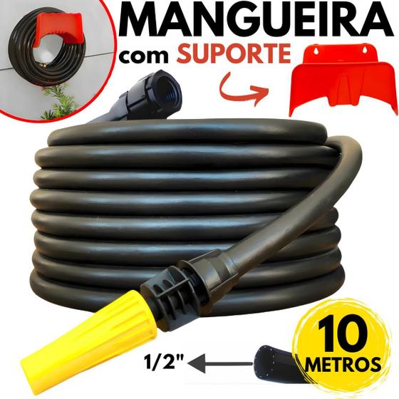 Imagem de Mangueira Jardim 10 Metros Grossa 1/2" Reforçada Resistente Flexivel com Esguicho Conector Kit Completo com Suporte de Parede Enrolador