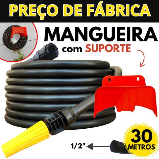 Imagem de Mangueira Jardim 30 Metros Grossa 1/2" Reforçada Resistente Flexivel com Esguicho Conector Kit Completo com Suporte de Parede Enrolador