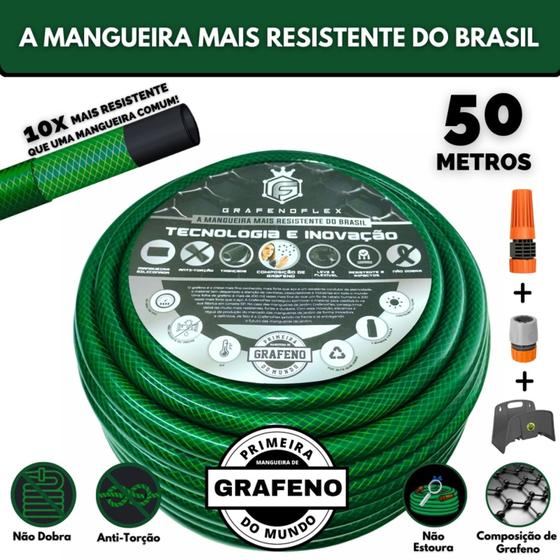 Imagem de Mangueira Jardim Ultra Resistente 50Mts + Suporte - GrafenoFlex Verde