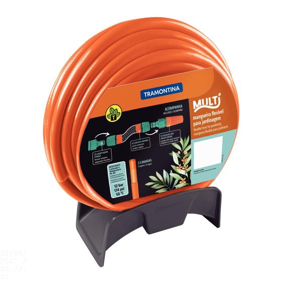 Mangueira Multi 1/2" Tramontina Laranja em PVC 3 Camadas 20 m com Engates Rápidos, Esguicho e Suport Menor preço em Mangueira Multi 1/2" Tramontina Laranja em PVC 3 Camadas 20 m com Engates Rápidos, Esguicho e Suport