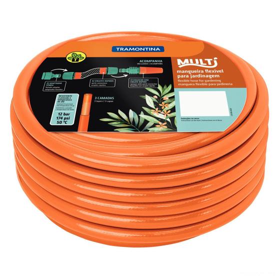 Mangueira Multi 1/2" Tramontina Laranja em PVC 3 Camadas 25 m com Engates Rápidos e Esguicho Menor preço em Mangueira Multi 1/2" Tramontina Laranja em PVC 3 Camadas 25 m com Engates Rápidos e Esguicho