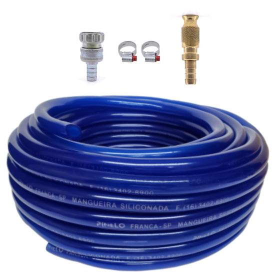 Imagem de Mangueira Para Jardim Siliconada Não Resseca Com Engate Zamak e Esguicho Hal Latão Resistente Azul 20m