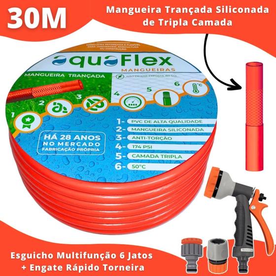 Imagem de Mangueira para Quintal Tripla Camada 30M AquaFlex Laranja + Esguicho Multifunção 6 Tipos de Jatos