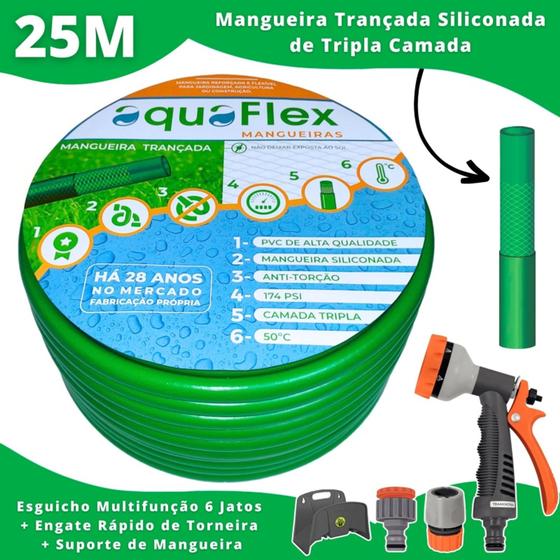 Imagem de Mangueira Quintal Trançada Antitorção 25 Metros AquaFlex Verde com Suporte + Esguicho Multifunção