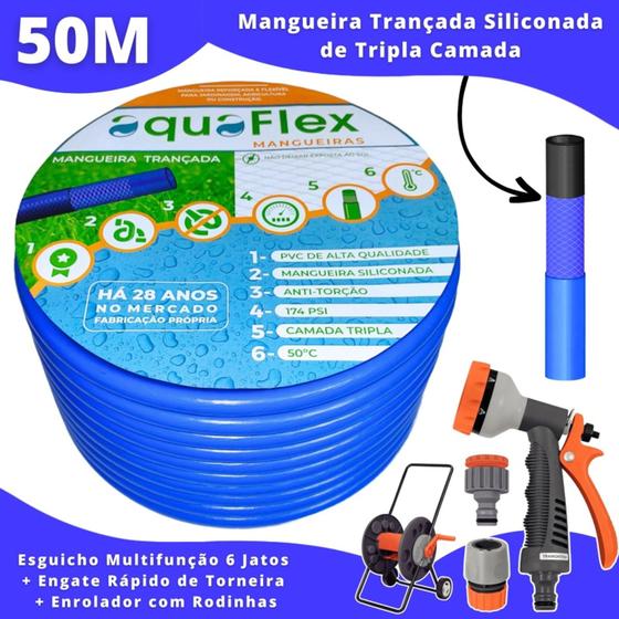 Imagem de Mangueira Quintal Trançada Antitorção 50 Metro AquaFlex Azul com Carrinho Enrolador + Esguicho