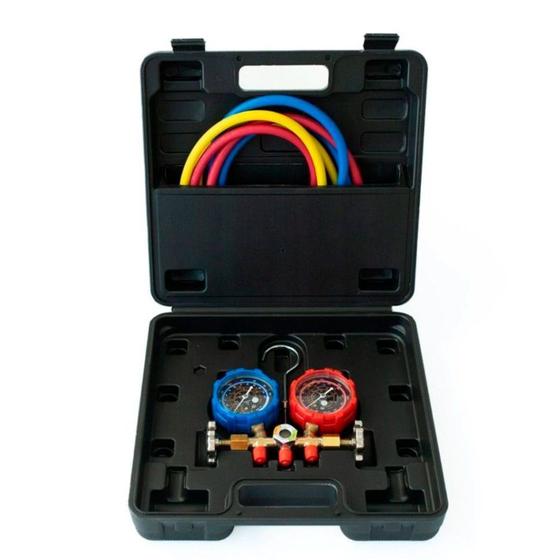 Imagem de Manifold com Mangueiras 90cm com Maleta Premium R22/R134/R404 e Manípulos Metálicos 