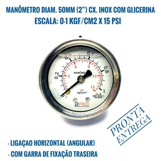 Imagem de Manômetro Diam.50mm (2”) 0-1 Kgf/cm2 x 15 Psi - Horizontal C/Garra de Fixação Traseira - C/Glicerina