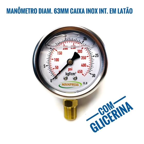 Imagem de Manômetro Diam.63mm (2.1/2”) 0-30 Kgf/cm2 x 450 Psi - Vertical Caixa Inox Int. Latão  Com Glicerina