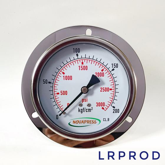 Imagem de Manômetro horizontal - diam.100mm(4”) com escala de 0-200 KGF/CM2 x 3000 PSI -com Flange e Glicerina