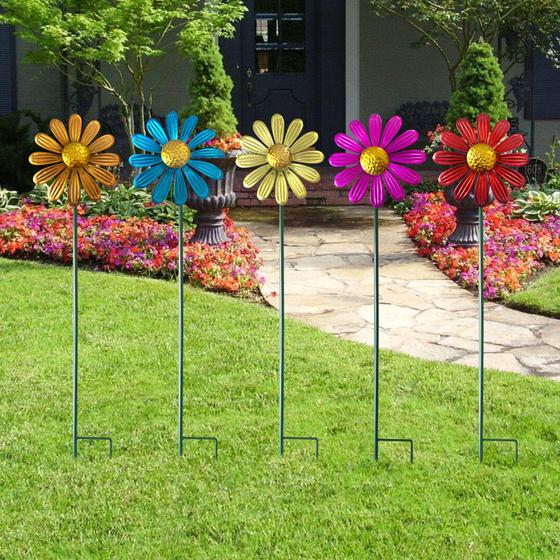 Manortang 5 peças de cataventos metálicos coloridos em formato de flores para jardim, pequenas margaridas giratórias, moinho de vento de 27" para decoração de quintal, enfeites para gramado e área externa, arte metálica para jardim, presente de decoração para o Dia dos Namorados