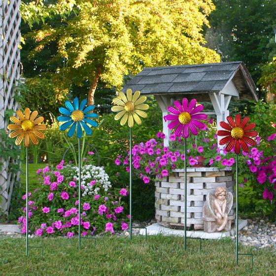 Manortang 5 peças de cataventos metálicos coloridos em formato de flores para jardim, pequenas margaridas giratórias, moinho de vento de 27" para decoração de quintal, enfeites para gramado e área externa, arte metálica para jardim, presente de decoração para o Dia dos Namorados