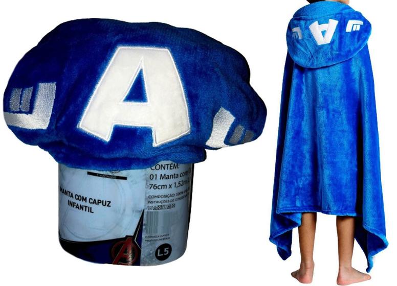 Imagem de Manta Cobertor Infantil Azul Com Capuz Herói Capitão América - Os Vingadores Avengers - Marvel