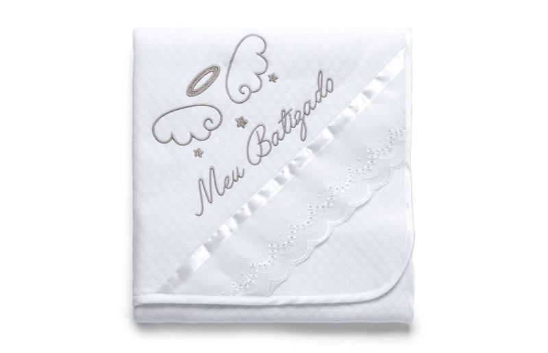 Imagem de Manta cobertor infantil bebê para batizado branca com bordado meu batizadohug