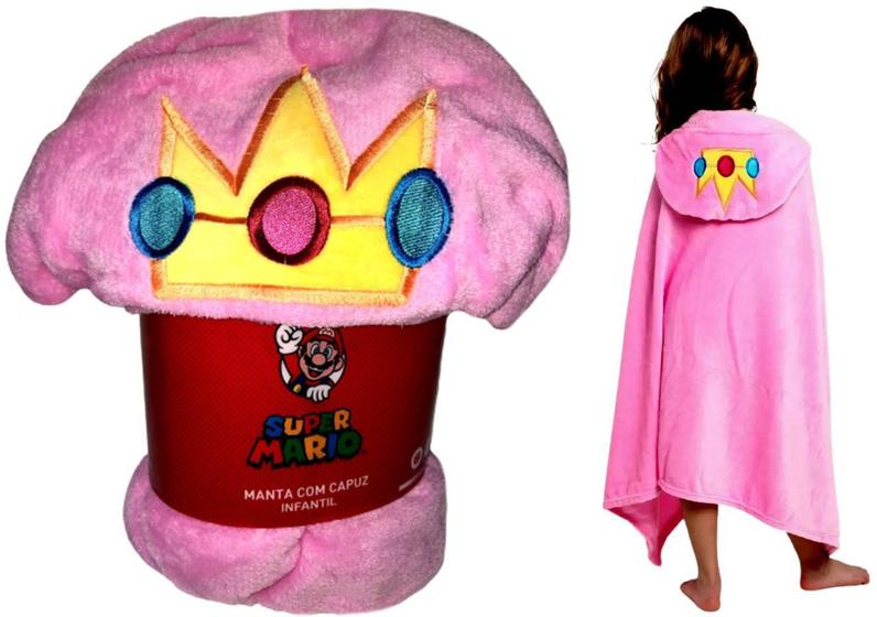 Imagem de Manta Cobertor Infantil Rosa Com Capuz Princesa Peach - Personagem Do Desenho Super Mario Bros - Nintendo