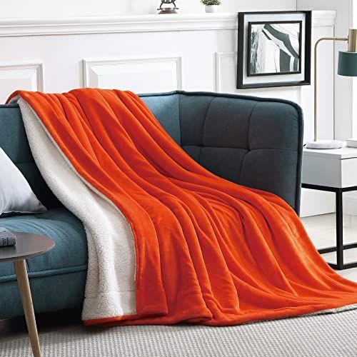 Imagem de Manta de lã Walensee Sherpa (Queen Size 90"x90" Orange) Plush Throw Fuzzy Super Soft Reversible Microfiber Flannel Cobertores para Sofá, Cama, Sofá Ultra Luxuoso Quente e Aconchegante para Todas as Estações