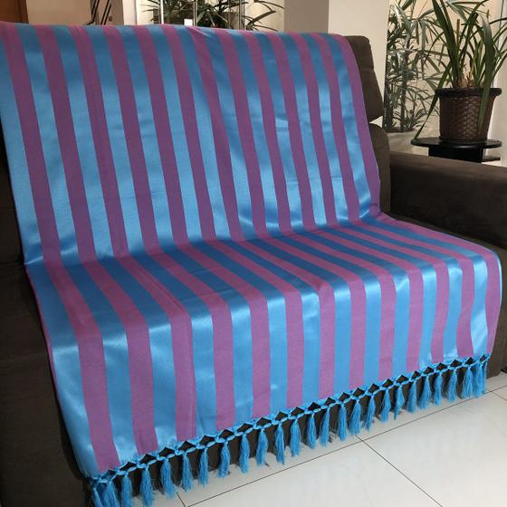 Imagem de Manta Para Sofá em Tecido Jacquard Listrado Azul com Rosa 190x140cm