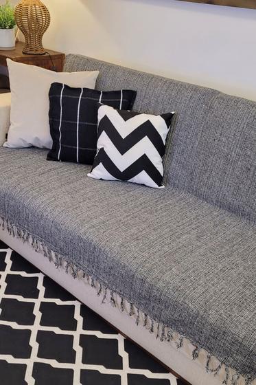 Imagem de Manta Xale para sofá / cama 1,8x2,2m PRETO MESCLA tear artesanal decorativa protetora