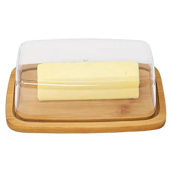 Imagem de Manteigueira porta queijo queijeira acrílico recipiente utensílio em bambu profissional tampa plastico transparente