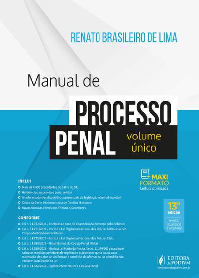 Imagem de Manual De Processo Penal Volume Unico - 13ª Edição 2024 Juspodivm