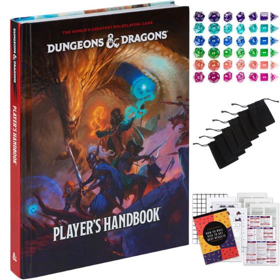 Imagem de Manual do jogador de Dungeons and Dragons 2024 com conjuntos de dados DND 6, bolsas de flanela e kit completo para impressão  Livro de regras básico com acessório D&D Starter Set  Jogo de tabuleiro de mesa