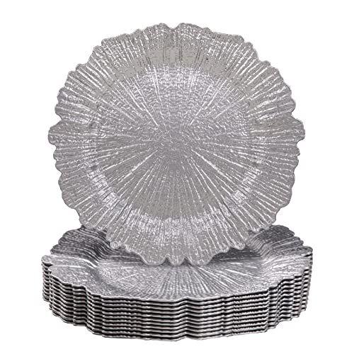 Imagem de MAONAME Silver Charger Plates Set of 12, Carregadores de placa de recife para pratos de jantar, Pratos decorativos de plástico para configuração de mesa