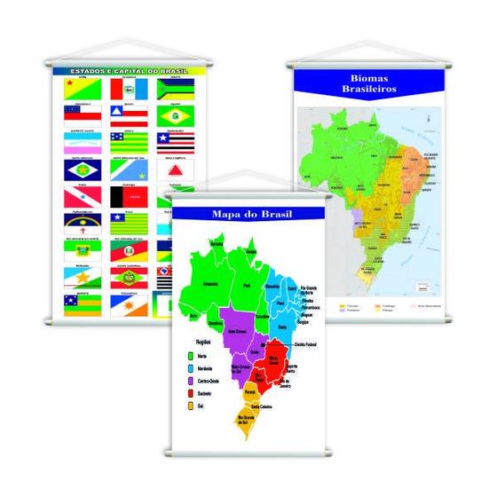 Imagem de Mapa Brasil + Bandeiras + Biomas Kit 3 Banners 80X50Cm