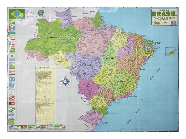 Imagem de Mapa do Brasil Político e Escolar Edição Atualizada Tamanha Grande 120x90CM Bandeira dos Estados