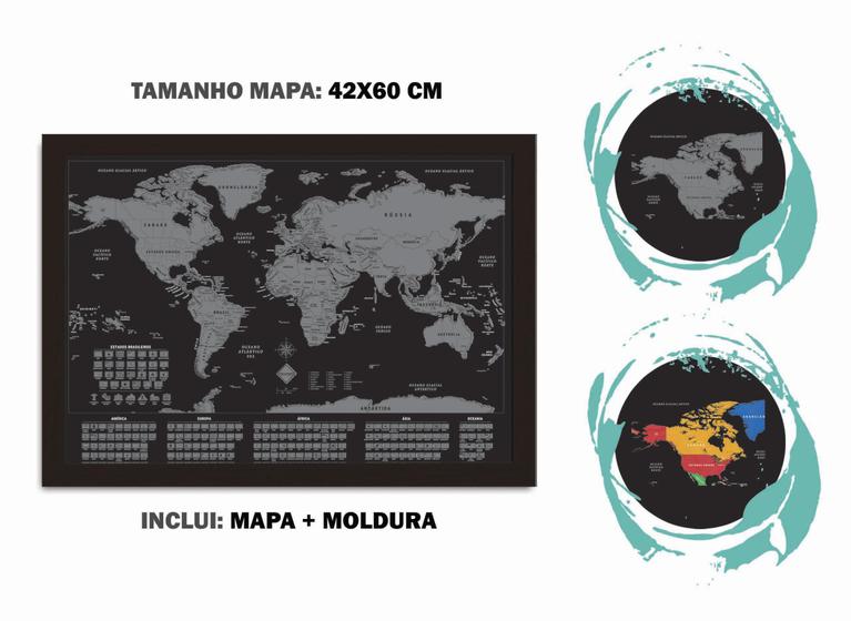 Imagem de Mapa Mundi Raspadinha C/ Bandeiras 42x60 Com Moldura