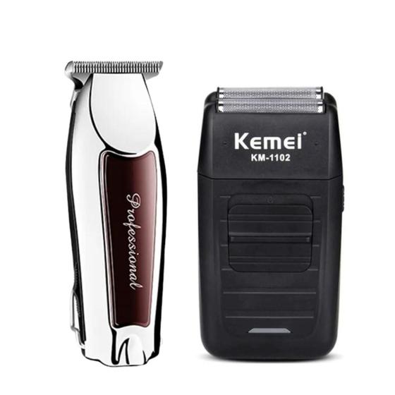Imagem de Maquina de Barbear e Acabamento Profissional Barbearia Kemei 1102 + Kemei 9163 Kit de máquinas