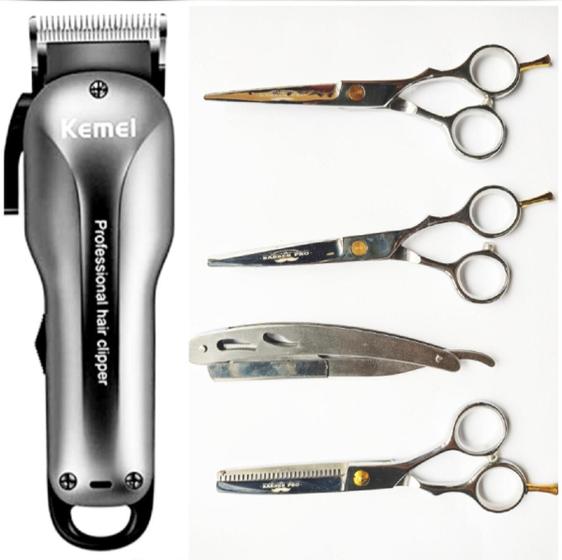 Imagem de Maquina De Cortar Cabelo Kemei 2603 + Kit Tesouras