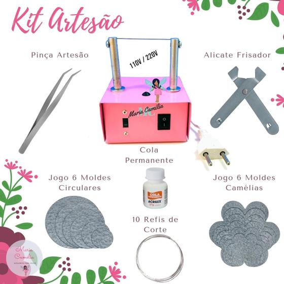 Imagem de Máquina de Cortar Fita e Fuxico Haste Alta 26 itens Kit Artesão Cor Rosa