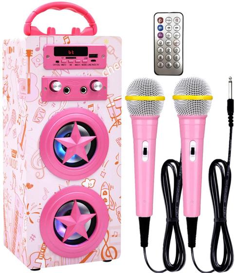 Imagem de Máquina de Karaokê com Bluetooth e 2 microfones portátil rosa com controle remoto
