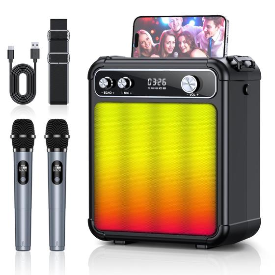 Imagem de Máquina de Karaokê ROUWU com Bluetooth e 2 Microfones Sem Fio