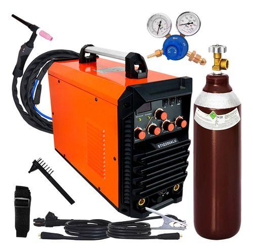Imagem de Maquina De Solda Inversora Alumínio Stig 200 Intech Tig Eletrodo 220v Completa Cilindro 7 Litros Regulador Intech