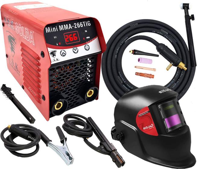 Imagem de Maquina De Solda Inversora Mini Mma 266 Tig Eletrodo USK 220V + Tocha Tig + Mascara Solda Automatica