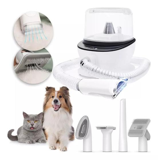 Imagem de Maquina De Tosar com Aspirador de Pelos Pet Cães Gatos Kit de Limpeza 5 em 1 Banho e Tosa Pet Shop 127V Profissional
